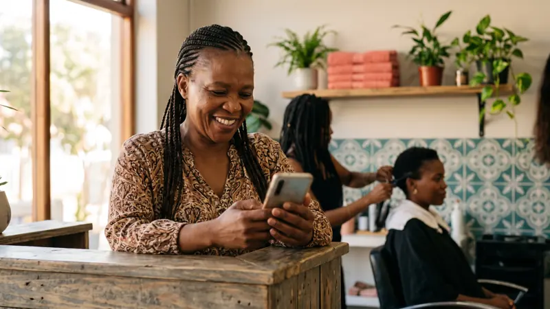 A salon owner in Cape Town smiling at her phone at the reception counter