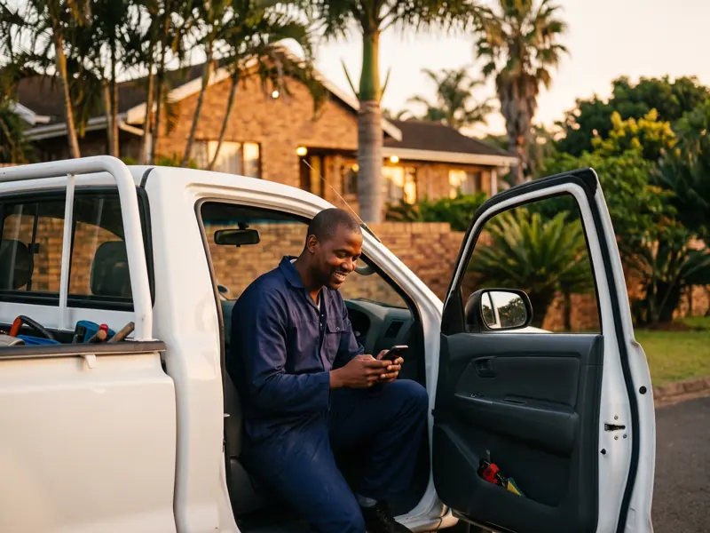 A plumber checking a new job request on his phone beside his bakkie in Durban