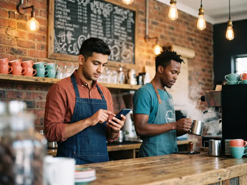 A coffee shop owner in Johannesburg checking his phone behind the counter