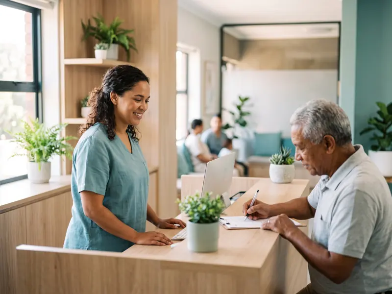 A receptionist welcoming a patient at a physiotherapy practice in Pretoria