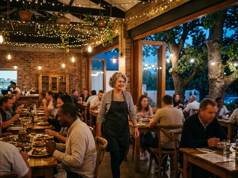 A restaurant owner walking between tables in Stellenbosch in the evening