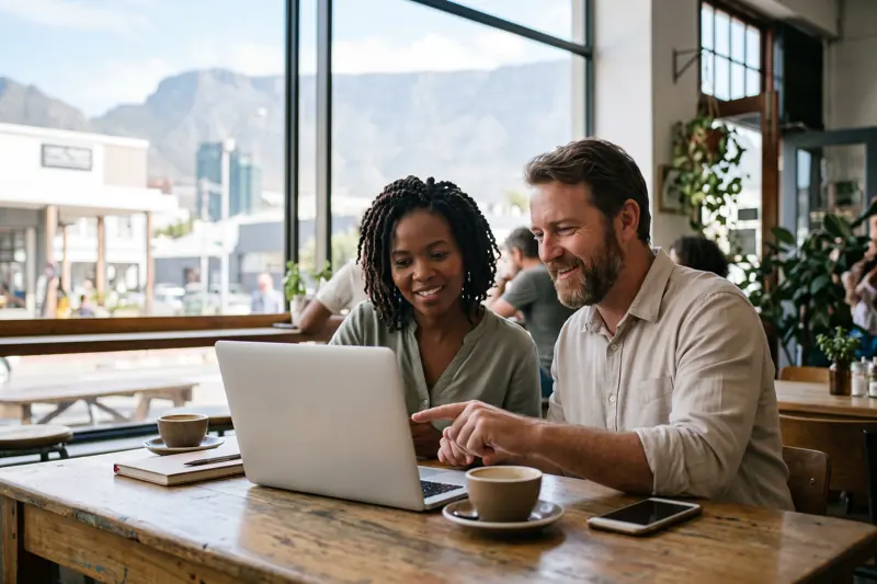 A small business owner and a consultant looking at a laptop together in a Cape Town cafe